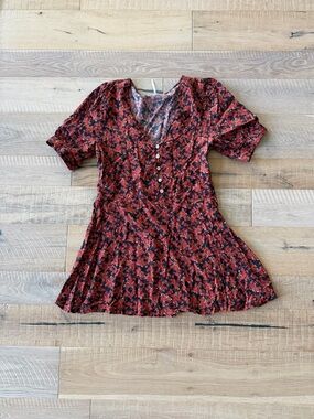 Free People Rust Red and Black Floral Henley Mini Dress